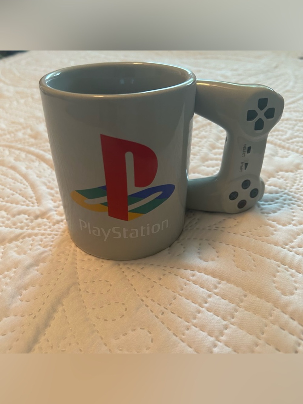 PlayStation Gray Ceramic Mug with Controller Handle and Multicolor Logo